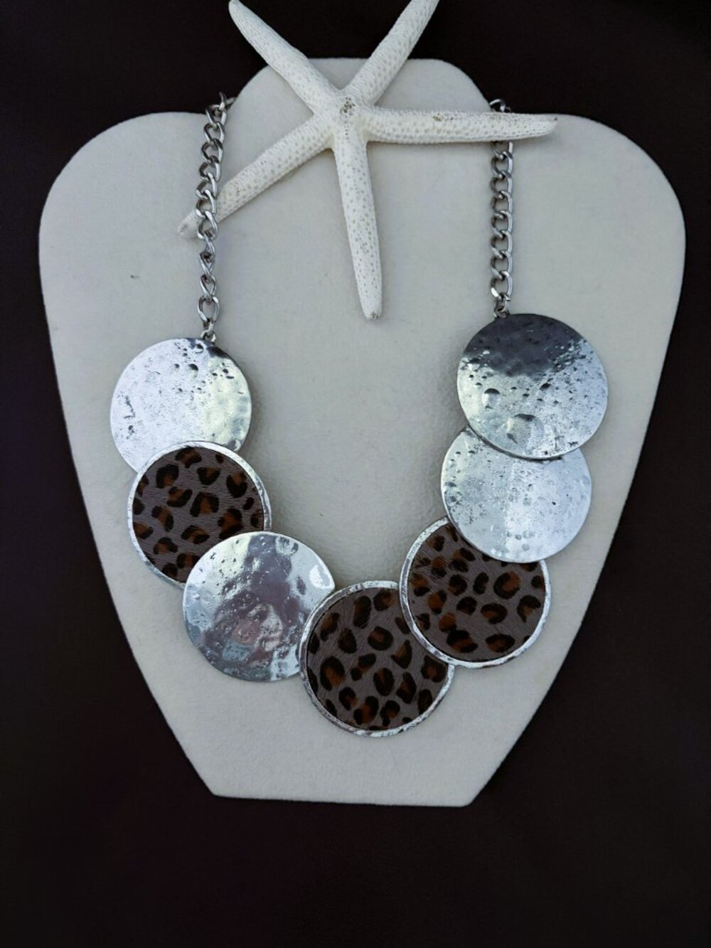 Natasha Couture Necklace Animal Print & Hammered Silver Circles Necklace